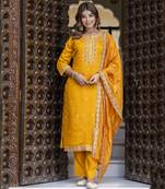 Women's silk blend embroidered kurta pant set with organza dupatta