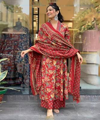 Jaipuri maroon women's cotton blend anarkali printed kurta with palazzo & dupatta 1