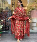 Jaipuri maroon women's cotton blend anarkali printed kurta with palazzo & dupatta