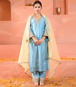 Sky Blue Chanderi 3/4 Bell Sleeves V neck Kurta With Pant &Yellow Dupatta Set