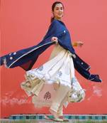 Blue hand block print cotton anarkali suit set with gota work dupatta