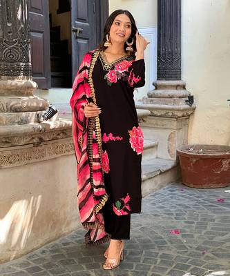 Black printed and embroidered muslin  stitched straight pant style salwar suit 1