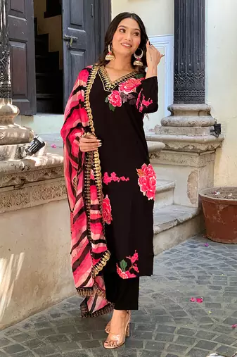 Black printed and embroidered muslin  stitched straight pant style salwar suit