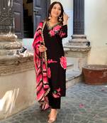 Black printed and embroidered muslin  stitched straight pant style salwar suit