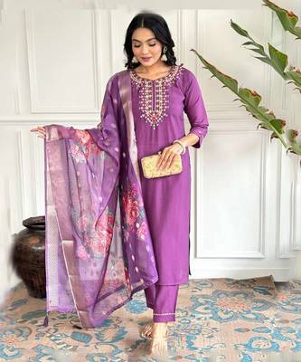 Purple viscose chanderi thread embroidery work with printed dupatta kurta pant set 1