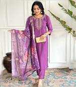 Purple viscose chanderi thread embroidery work with printed dupatta kurta pant set