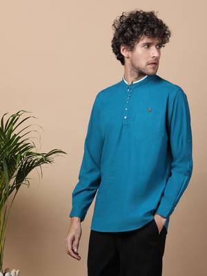 Blue linen cotton short kurta  3