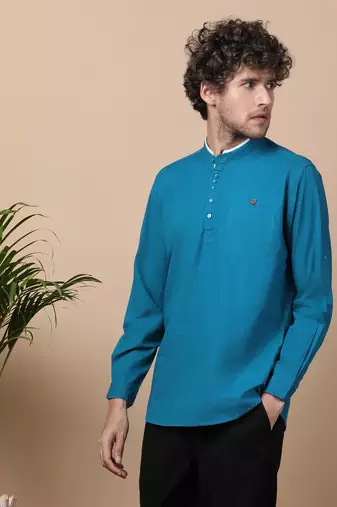 Blue linen cotton short kurta 