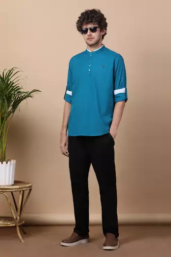 Blue linen cotton short kurta 