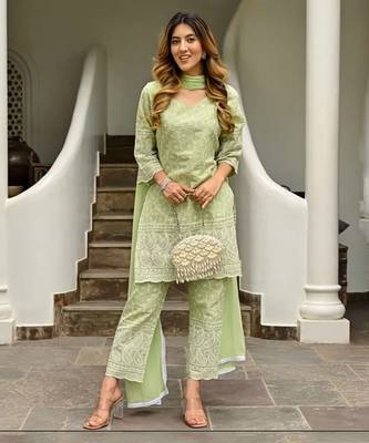 Green Fully Embroidered Chikankari Kurti Pant With Dupatta 1