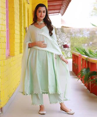 Sitara sea green lurex a-line suit set ( set of 3 ) 1