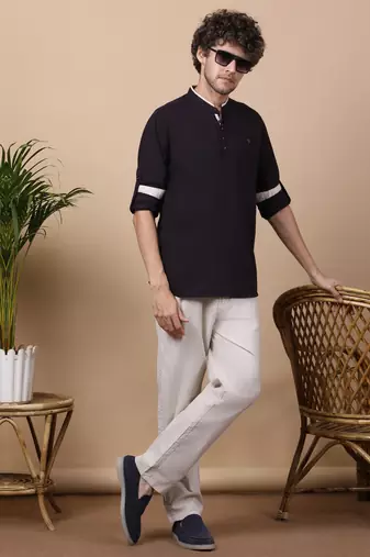Black linen cotton short kurta