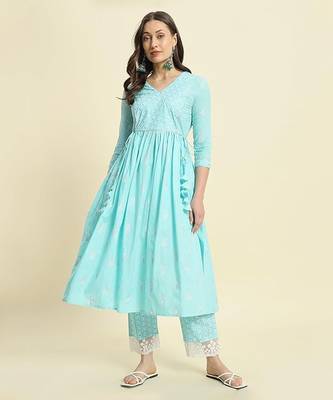Blue printed cotton  kurta with pant 1