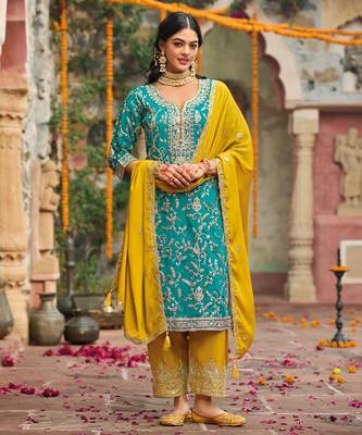 Turquoise Embroidered Chinon Readymade Punjabi Salwar Suit 1