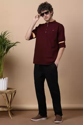 Maroon linen cotton short kurta