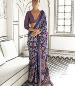 Satin crepe printed navy blue saree