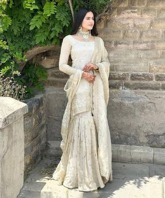 Cream Woven Pure Chinnon Silk Kurta with Gharara and Dupatta 1