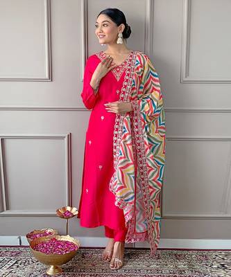 Elegant Red Embroidered Viscose Kurta Pant Set with Matching Dupatta Stitched 1