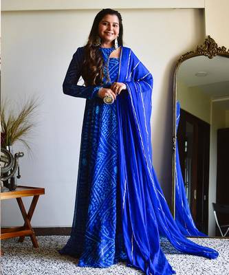 Lapiz Blue Georgette Bandhani Printed Full Sleeve Anarkali Suits 1