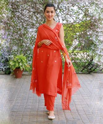 orange hand embroidered silk kurta pant with hand painted dupatta 1