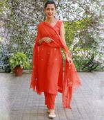 orange hand embroidered silk kurta pant with hand painted dupatta