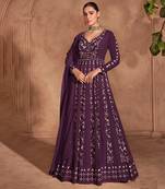 Purple embroidered chinon semi-anarkali salwar suit