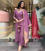Dark mauve viscose chanderi heavy thread embroidery work with jacquard dupatta kurta pant set