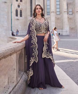 Purple premium silk heavy thread embroidery with sequins work palazzo set with jacket (free size sticthed up to-42 size) 1