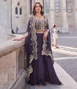 Purple premium silk heavy thread embroidery with sequins work palazzo set with jacket (free size sticthed up to-42 size)