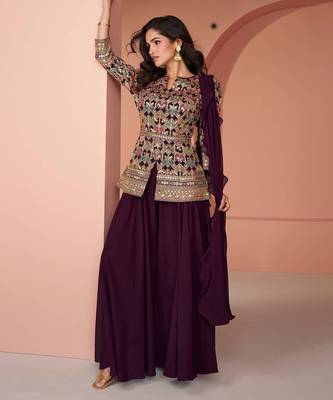 Wine Georgette Multicolor Embroidered Palazzo Suit, size up to 42 1