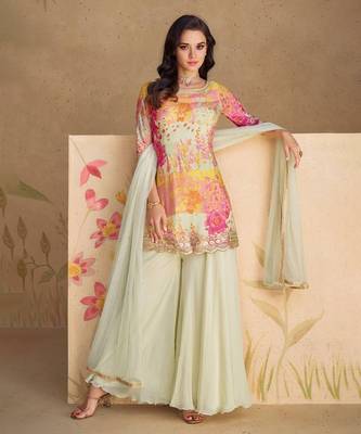 White Embroidered Chinnon Silk Free Size Stitched Straight Palazzo Suit (Size Up to 42") 1