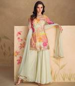 White Embroidered Chinnon Silk Free Size Stitched Straight Palazzo Suit (Size Up to 42")