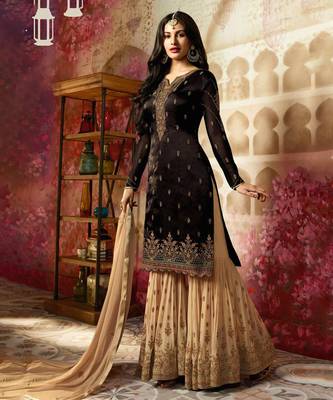 Brown Embroidered Georgette Straight Suit Free size Semi stitched Up To 42" Size 1