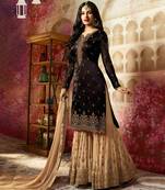 Brown Embroidered Satin Georgette Straight Suit Free size full stitched Up To 42" Size