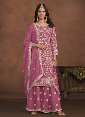 Pink embroidery faux georgette palazzo 1