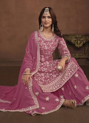 Pink embroidery faux georgette palazzo 2