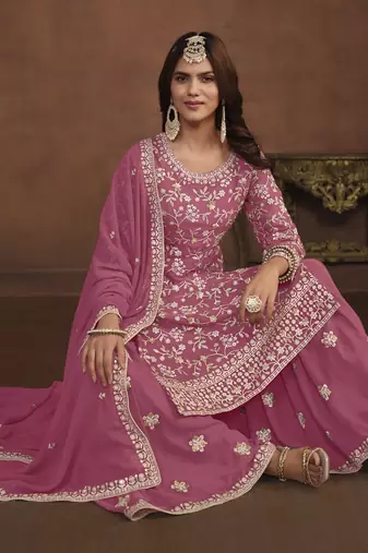 Pink embroidery faux georgette palazzo