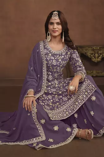 Lavender embroidery faux georgette palazzo