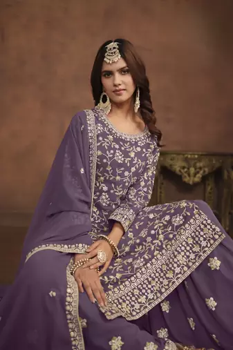 Lavender embroidery faux georgette palazzo