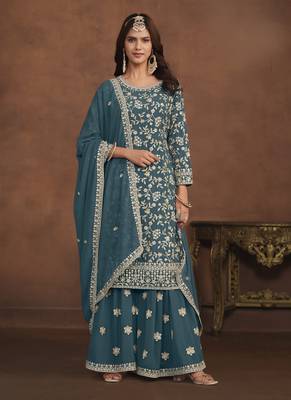 Teal blue embroidery faux georgette palazzo 1