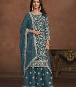 Teal blue embroidery faux georgette palazzo
