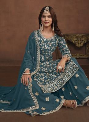 Teal blue embroidery faux georgette palazzo 2