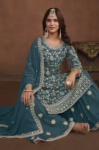 Teal blue embroidery faux georgette palazzo