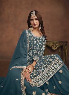 Teal blue embroidery faux georgette palazzo 3