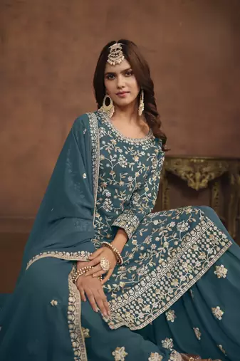Teal blue embroidery faux georgette palazzo