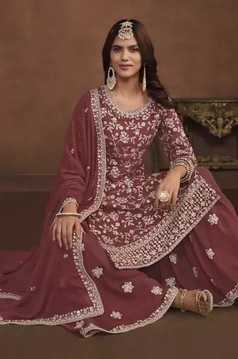 Brown embroidery faux georgette palazzo
