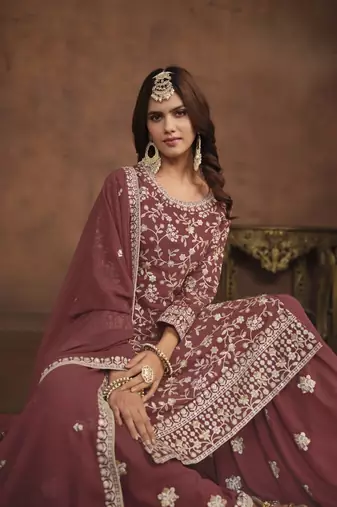 Brown embroidery faux georgette palazzo