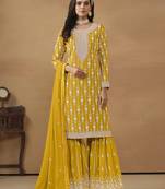 Mustard embroidery faux georgette Sharara set