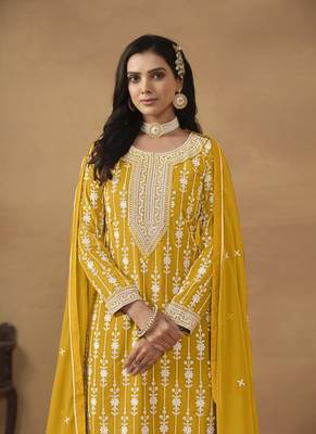 Mustard embroidery faux georgette Sharara set 2