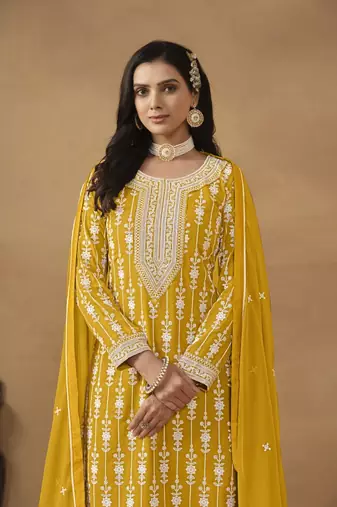 Mustard embroidery faux georgette Sharara set